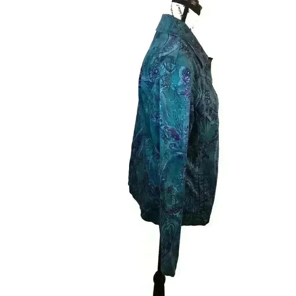 Chico's Addition Artsy Floral Jacket Pockets Sz 2 Large Deep Sky Blue L/S - Picture 4 of 7
